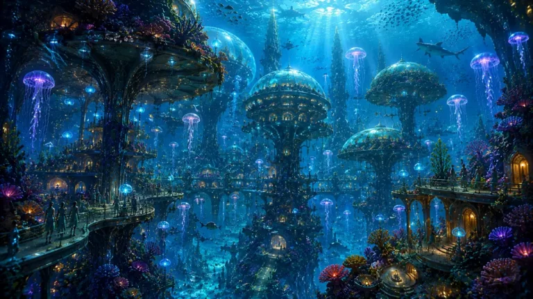 Bioluminescent underwater city with mushroom-like towers, bridges, coral gardens, and glowing jellyfish floating overhead.