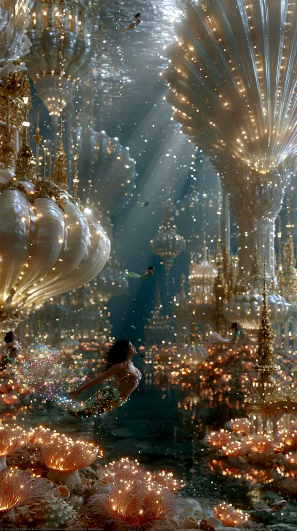 A graceful mermaid swims through the glowing grand hall of an ornate underwater palace filled with golden architecture and radiant coral.