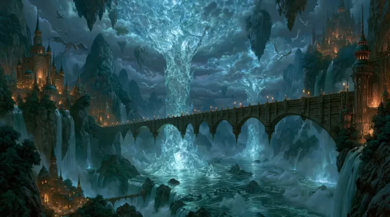 A long ornate gothic bridge connects two cliffside castles over a rushing river filled with giant glowing blue magical trees