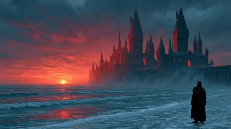 A lone cloaked figure stands on a sandy beach looking at a massive gothic castle under a fiery crimson sunset