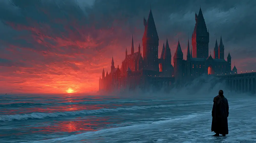A lone cloaked figure stands on a sandy beach looking at a massive gothic castle under a fiery crimson sunset