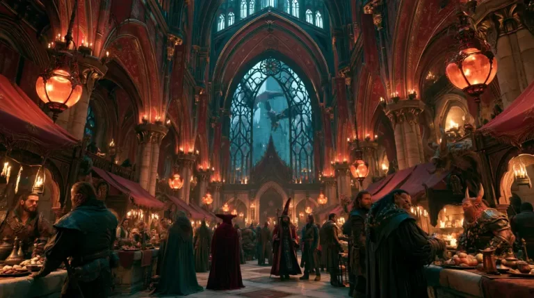 A crowded indoor market inside a massive gothic cathedral with high stone arches glowing orange lanterns and diverse fantasy characters browsing stalls