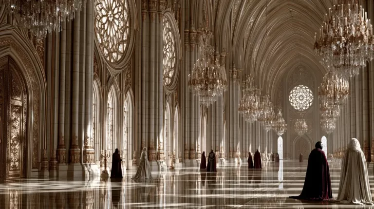 A vast ornate white gothic hall with high arched ceilings grand crystal chandeliers and tall stained glass windows as robed figures stand on a reflective marble floor