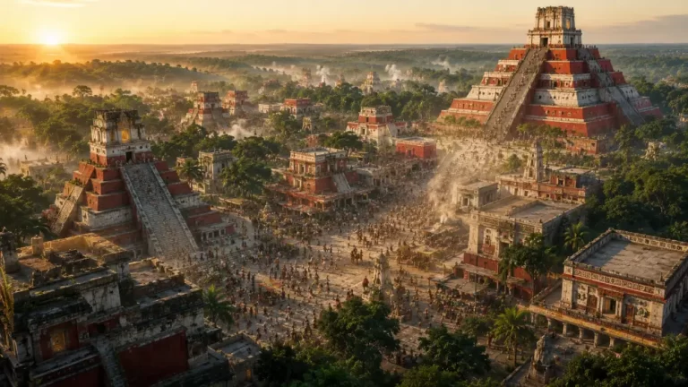 Large Mayan city with stepped pyramids, plazas, crowds, temples, and jungle at sunrise.