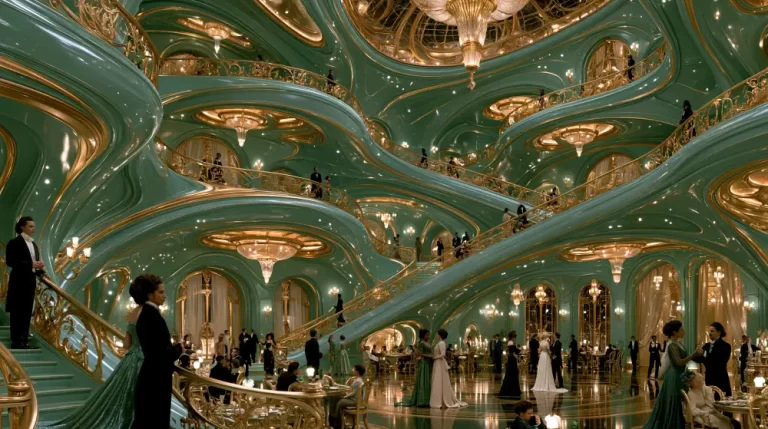 A massive multi level turquoise and gold palace ballroom packed with elegant people in formal attire socializing on curving staircases