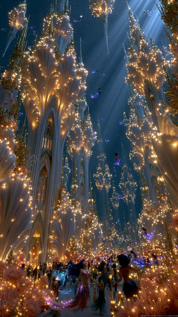 Mermaids gather beneath soaring cathedral-like towers in a radiant underwater city illuminated by glowing coral and golden lights.