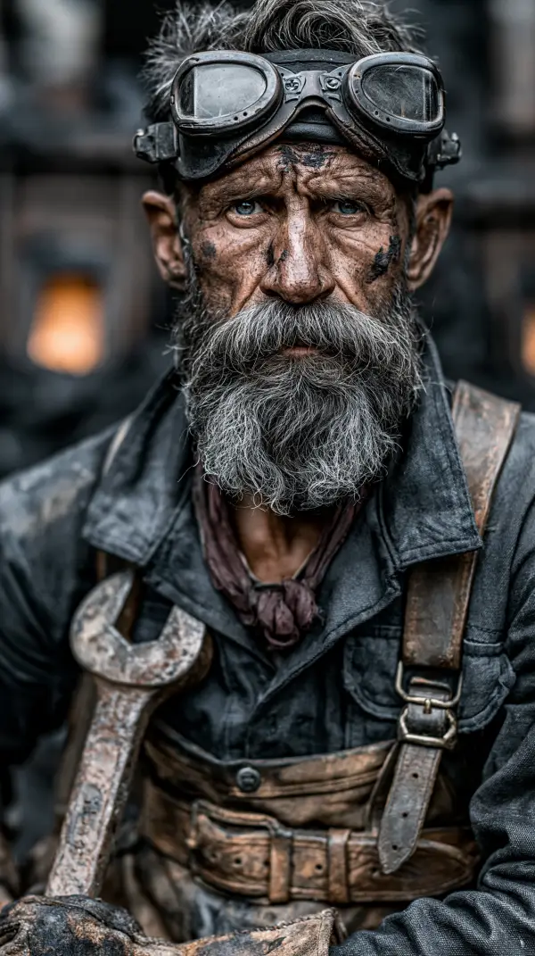 Close-up portrait of a rugged dieselpunk mechanic with worn goggles, a heavy wrench, and grease-covered work clothes.