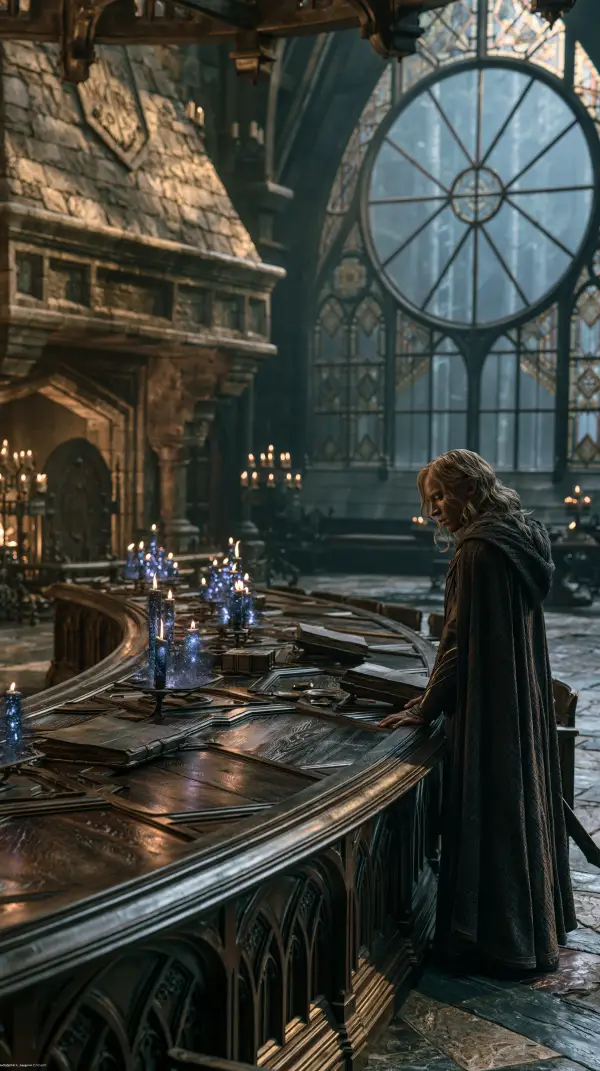 A lone scholar stands beside a grand circular table inside a majestic fantasy council hall filled with books, candles, and towering stained glass windows.
