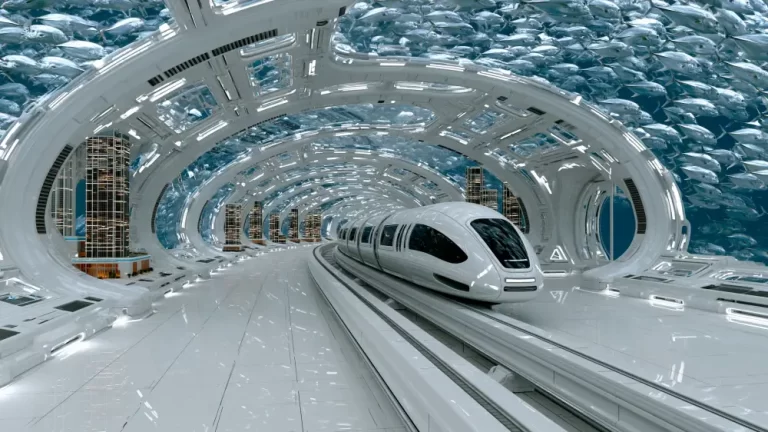 A sleek white maglev train traveling through a clear glass tunnel surrounded by thousands of fish.