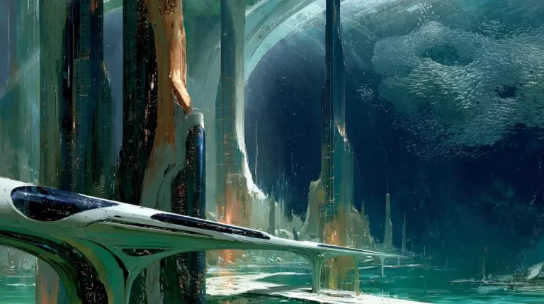 A futuristic white transit line cutting across a deep ocean city with monumental dark skyscrapers.