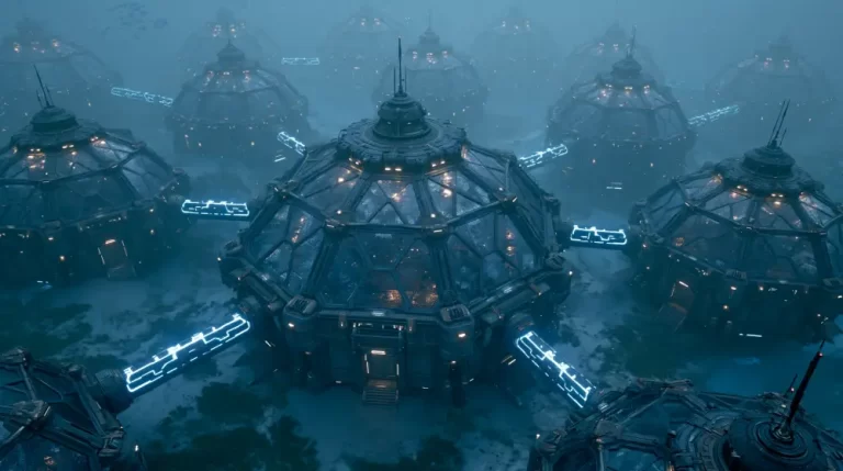 A network of interconnected futuristic metal and glass domes forming an underwater research facility.