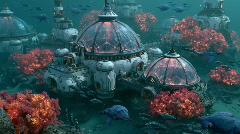 An advanced underwater facility with large glass dome rooftops nestled among vibrant red coral reefs.