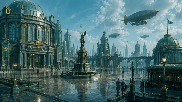 A grand dieselpunk cityscape featuring the dome building of the Imperial Ministry of Industry, a central winged statue monument, and zeppelins in the cloudy sky.