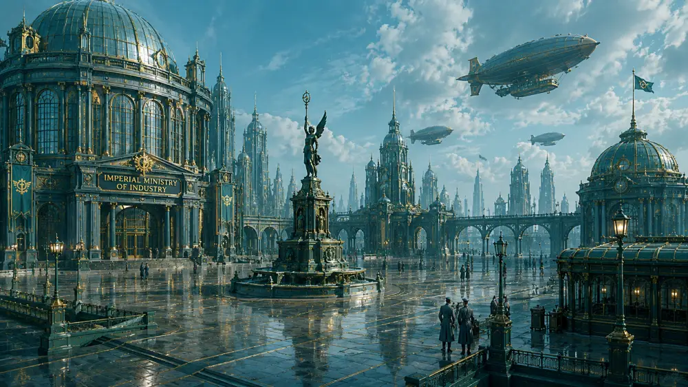 A grand dieselpunk cityscape featuring the dome building of the Imperial Ministry of Industry, a central winged statue monument, and zeppelins in the cloudy sky.