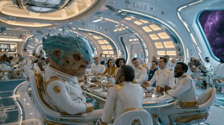 A blue-skinned alien creature sitting at a large banquet table with human officers in white uniforms inside a futuristic spacecraft dining hall