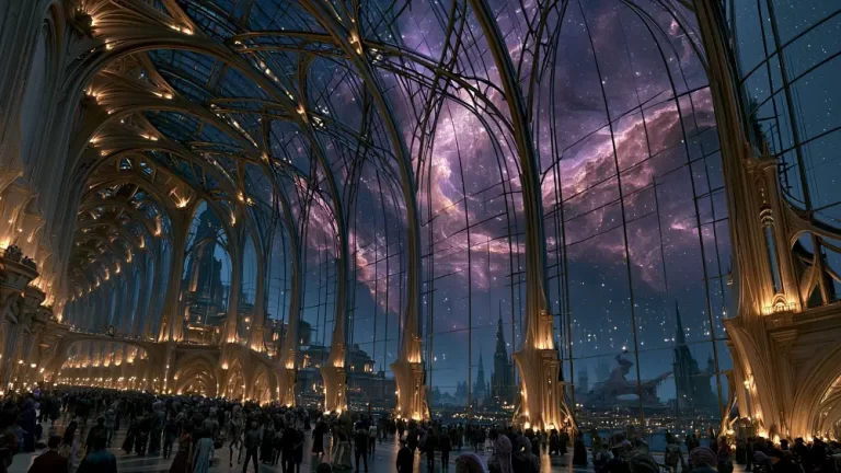 Interstellar Gothic orbital concourse inside a vast space station with panoramic windows overlooking a glowing purple nebula.