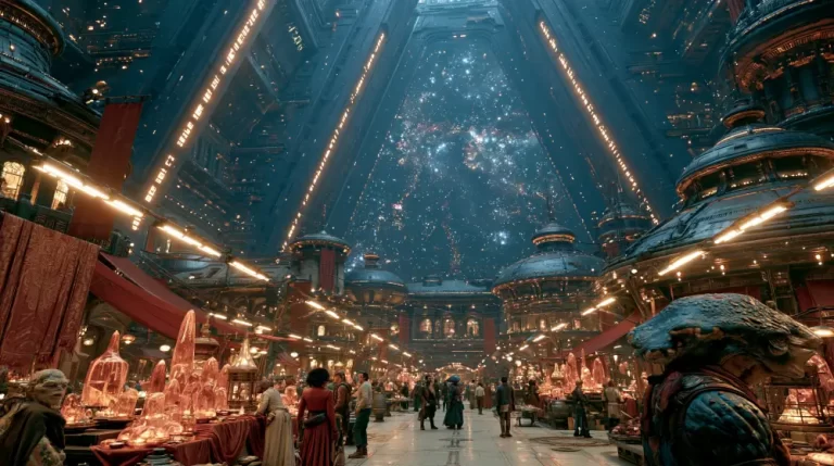Interstellar space marketplace inside a colossal triangular megastructure with human and alien merchants beneath towering architecture.
