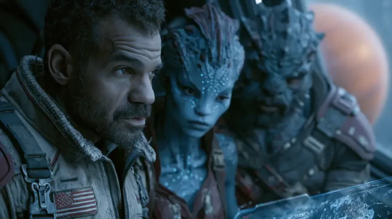 A close-up of a bearded human astronaut with a flag patch sitting on a starship bridge next to a blue-skinned alien woman and a large reptilian warrior creature