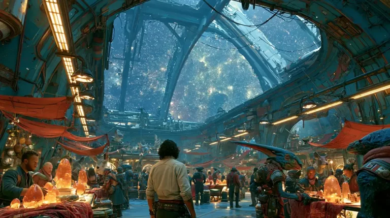 A bustling futuristic marketplace inside a space station filled with human and alien traders under a massive curved glass ceiling showing a starry galaxy