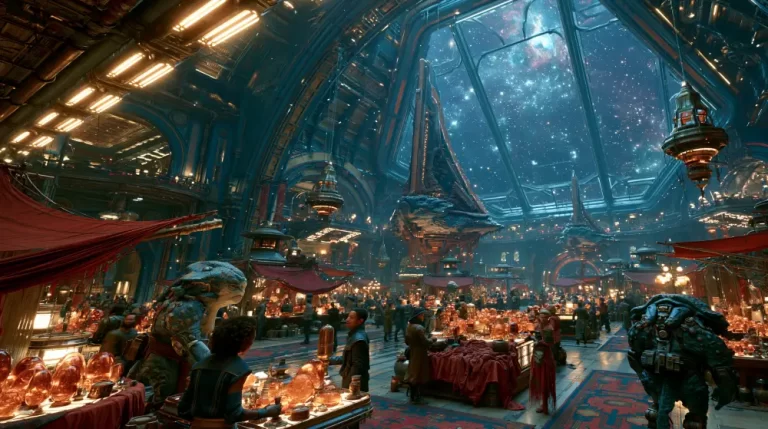 A bustling futuristic marketplace inside a cavernous station hall packed with human and alien traders beneath a giant glass ceiling revealing a bright starry nebula