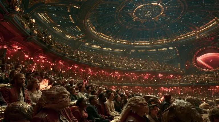 A massive ornate theater hall filled with a diverse crowd of humans and aliens sitting under a huge glowing star-patterned dome ceiling