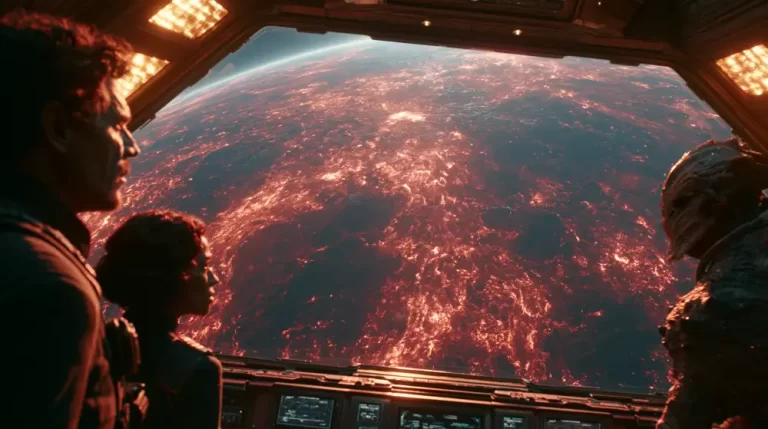 Two human crew members and an alien creature looking through a large spaceship window at a glowing molten volcanic planet from orbit