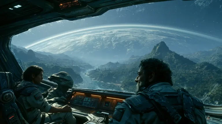 A cockpit view of human pilots and an alien creature steering a spaceship over a vast green valley with a massive ringed planet in the sky