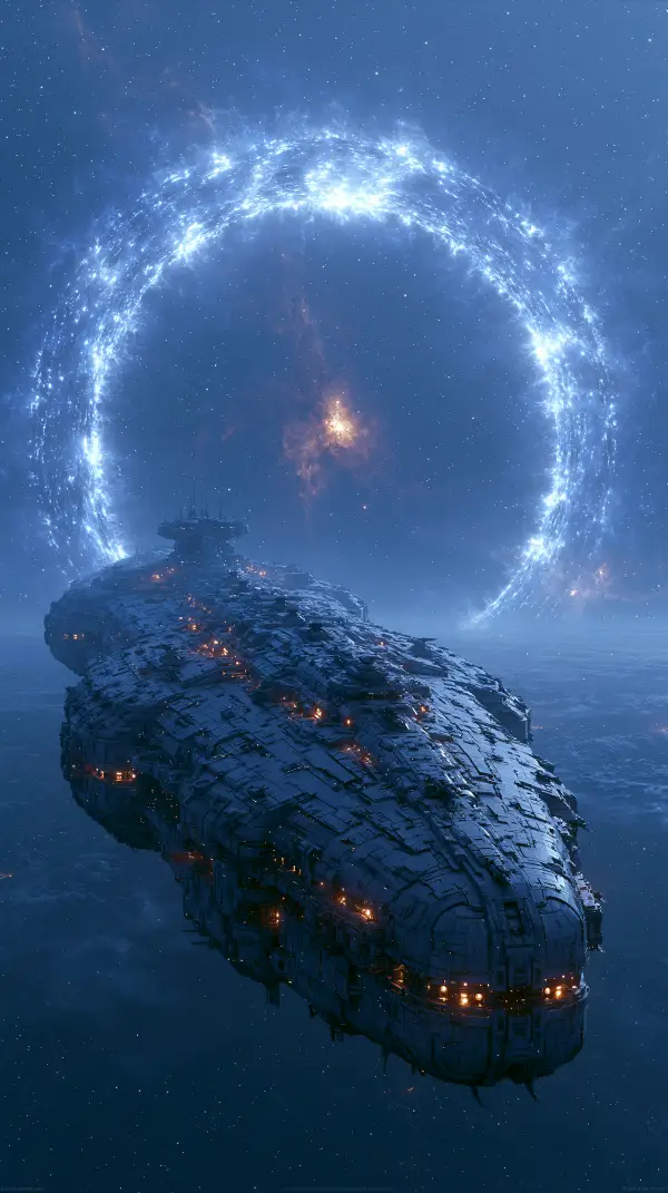 A massive interstellar starship approaches a brilliant glowing wormhole suspended above a distant planet in deep space.
