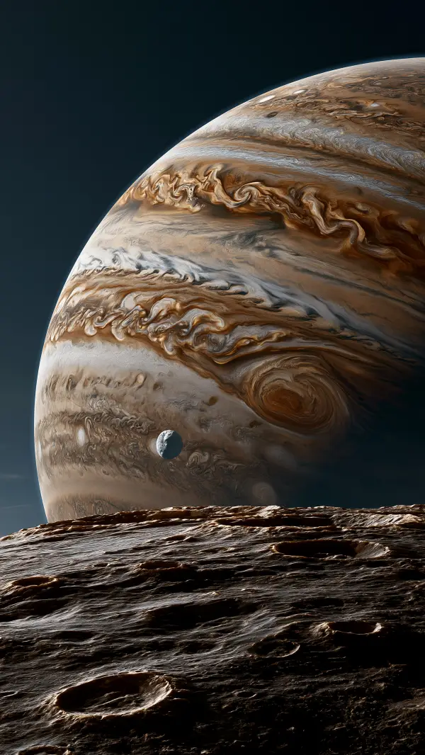 A dramatic view of Jupiter rising above a cratered rocky surface with one of its moons suspended against the giant planet.