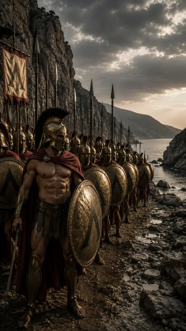 King Leonidas stands before Spartan warriors holding shields and spears at the narrow pass of Thermopylae.