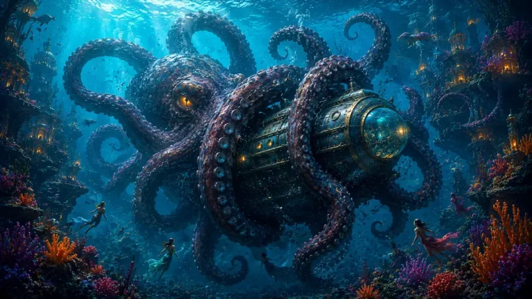 Giant kraken wrapping its tentacles around a small submarine in a coral-filled underwater cityscape.