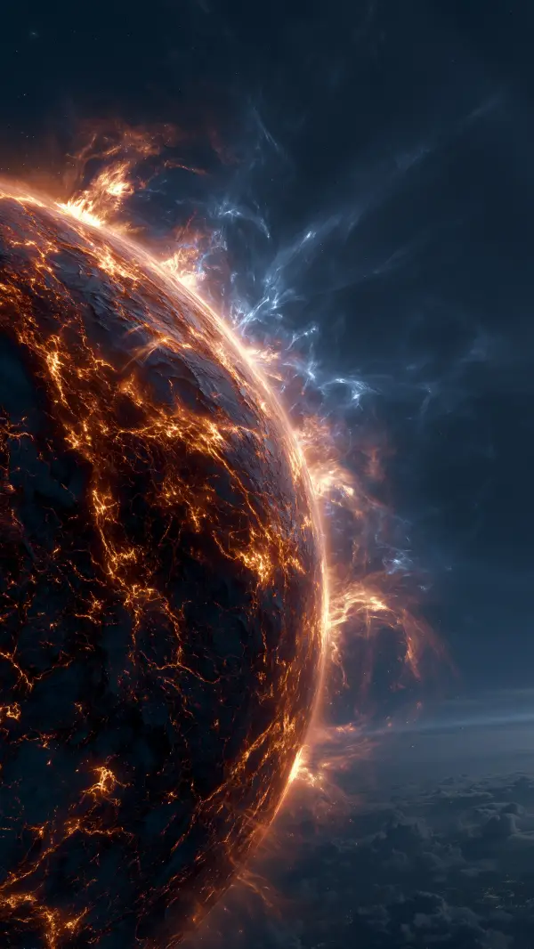 A scorched lava exoplanet orbits dangerously close to a brilliant blue giant star, surrounded by intense stellar flares and superheated plasma.