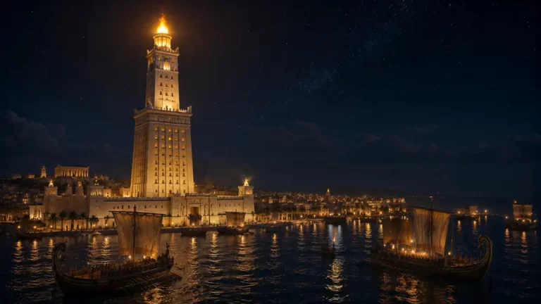 The Lighthouse of Alexandria glowing above an ancient harbor at night with ships and city lights around the water.