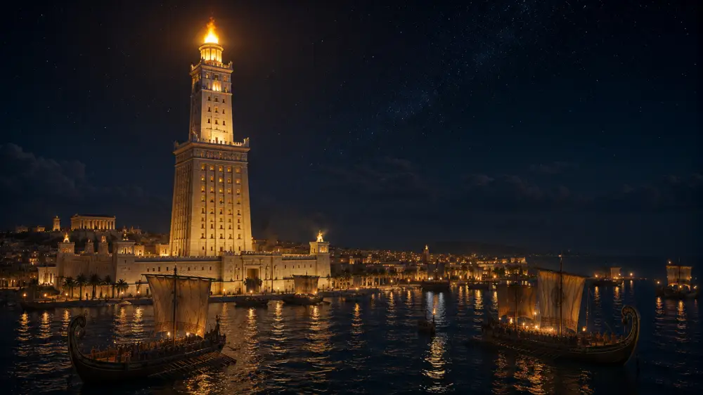 The Lighthouse of Alexandria glowing above an ancient harbor at night with ships and city lights around the water.