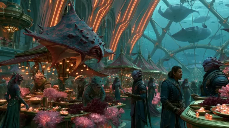A busy underwater market with human and alien traders surrounded by glowing pink coral stalls and sea creatures.