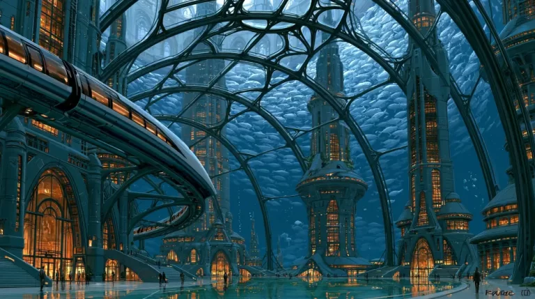A massive underwater transit station with gothic metal arches and glowing towers under a glass roof filled with fish.
