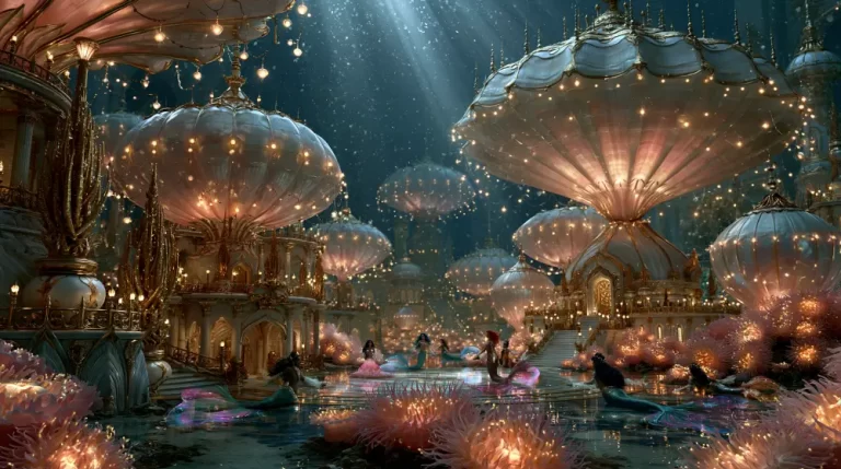A magical underwater square with giant jellyfish-shaped dome buildings and mermaids gathering together.