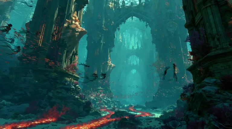 Mermaids swimming through a massive sunken gothic cathedral with towering stone arches and red reefs.