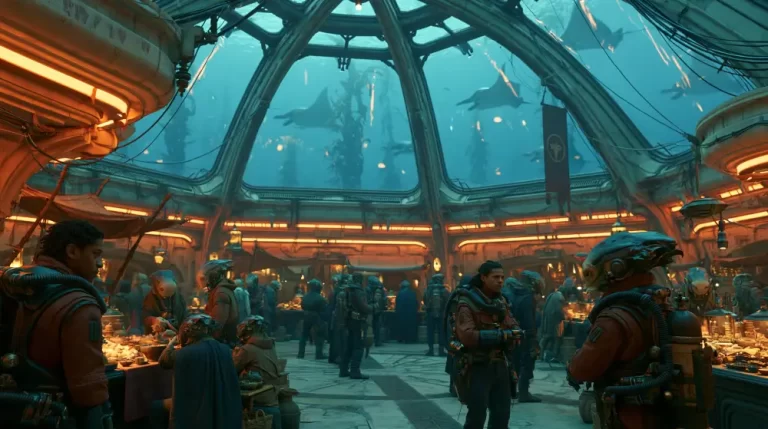 A bustling marketplace inside an underwater dome structure filled with people and diverse marine beings.