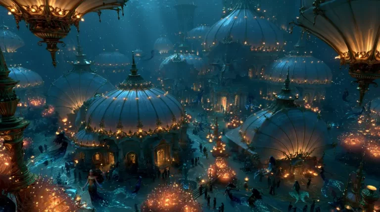 A sprawling underwater city with elegant white dome palaces lit by golden lanterns and populated by mermaids.