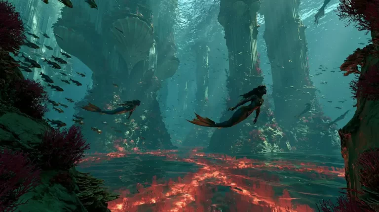 Mermaids swimming through a majestic underwater canyon with ancient columns and a red seabed.