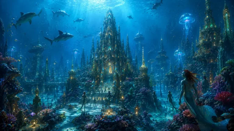 A luminous lost underwater city rises among coral reefs while marine mammals and fish swim overhead.