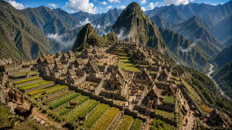 Ancient Machu Picchu surrounded by dramatic Andean mountains.