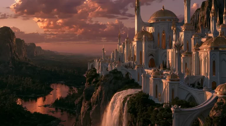 A grand white palace with golden domes perched on a cliffside next to a rushing waterfall overlooking a valley river at sunset