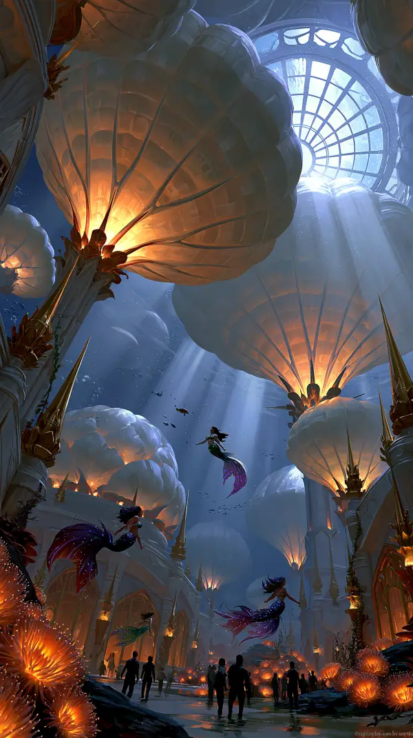 Mermaids swim beneath enormous glowing domes inside a majestic underwater palace where visitors explore elegant marine architecture.