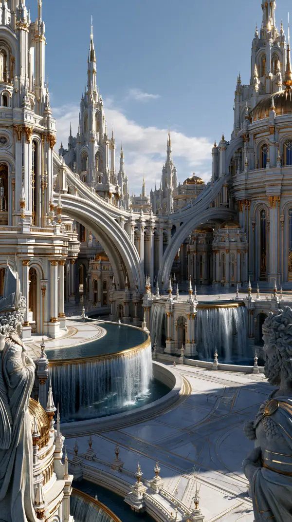 A magnificent marble elven metropolis with soaring palaces, elegant bridges, cascading waterfalls, and radiant white architecture beneath a clear sky.