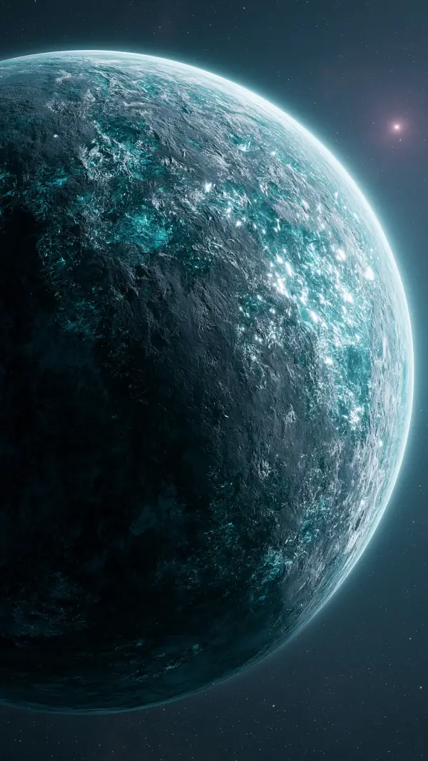 A massive carbon-rich exoplanet with shimmering crystalline formations drifts silently through deep space beneath distant stars.