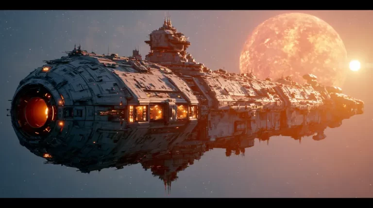 A large highly detailed industrial starship cruising through deep space near a giant glowing sun and bright stars