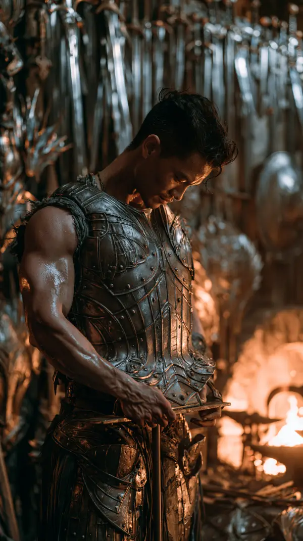 A master blacksmith inspects legendary armor inside a blazing forge surrounded by polished weapons and glowing firelight.