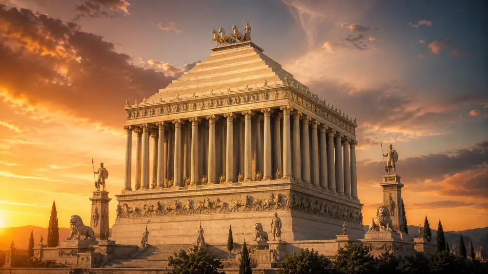 The Mausoleum at Halicarnassus shown as a grand classical monument with columns, statues, and warm sunset light.